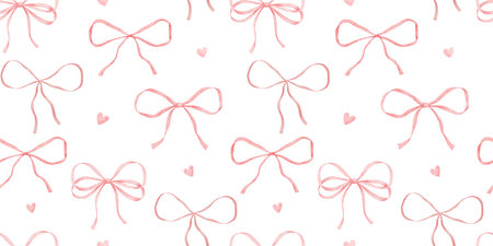 Seamless pattern with thin coquette bow, watercolor hand drawn texture repeating background with pink illustrationの写真素材