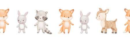 Seamless border with cute fox, raccoon and bunny, watercolor hand drawn background for kids, nurseryの写真素材