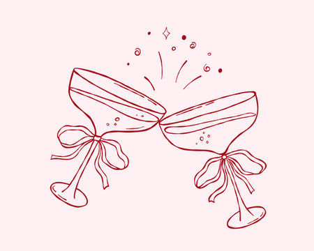 Coquette cocktail glasses with bow, hand draw vector icon, martini, doodle whimsical sketch for party invitation, wine drinksのイラスト素材