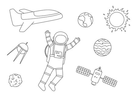 Space line art, astronaut, planets, rocket. Space doodle hand drawn illustrations, childish set for coloring bookのイラスト素材