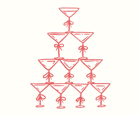 Coquette glasses tower, vector illustration, whimsical sketch for party invitation, champagne drinksのイラスト素材