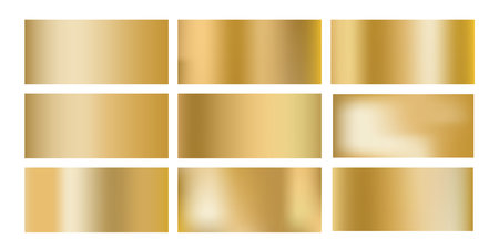 Gold brass gradients set, vector golden background. Metal gradation, horizontal illustration. Shiny chrome texture, steel surface, polished sheetのイラスト素材
