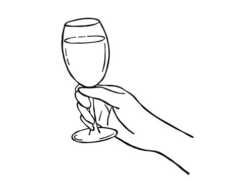Glass of wine held in woman hand, line art sketch. Black and white vector drawing for cocktail menuのイラスト素材
