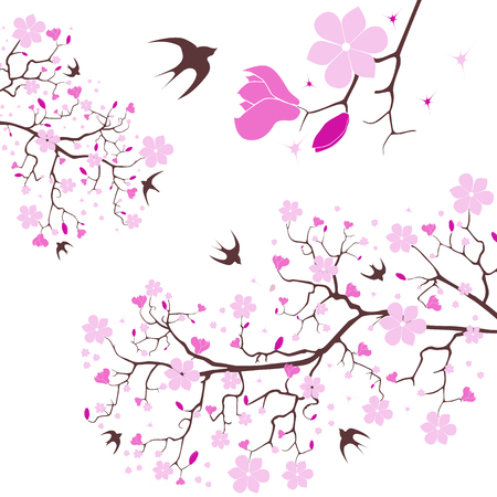 Vector image of magnolia blossom and swallowのイラスト素材