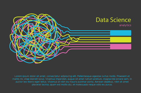 Big data science vector illustration. Machine learning algorithm for information filter and anaytic in flat doodle styleのイラスト素材