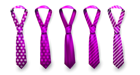 Realistic vector silk satin stripe tie set. Male necktie for business and formal clothing accessory attire, men fashion style trend. knot teal red purple pink yellow green navy blue. Pattern polka dot and striped.のイラスト素材