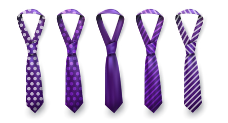 Realistic vector silk satin stripe tie set. Male necktie for business and formal clothing accessory attire, men fashion style trend. knot teal red purple pink yellow green navy blue. Pattern polka dot and striped.のイラスト素材