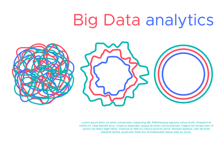 Big data science vector illustration. Machine learning algorithm for information filter and anaytic in flat doodle styleのイラスト素材