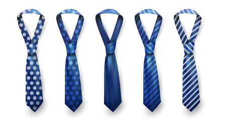 Realistic vector silk satin stripe tie set. Male necktie for business and formal clothing accessory attire, men fashion style trend. knot teal red purple pink yellow green navy blue. Pattern polka dot and striped.のイラスト素材