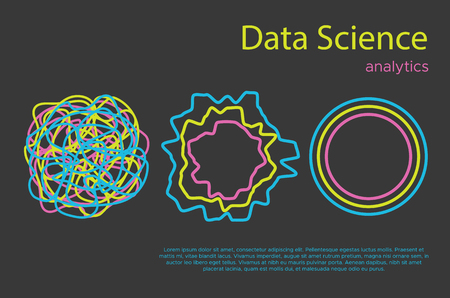 Big data science vector illustration. Machine learning algorithm for information filter and anaytic in flat doodle styleのイラスト素材