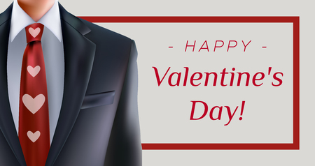 Happy Valentine's Day greeting card with formal suit and men with red heart necktie. For formal office greetingsのイラスト素材