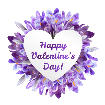 Valentine's day greeting card with crocus and saffron purple flowers and heart shaped copy spaceのイラスト素材
