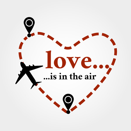 Valentine's day postcard. Greeting card with love is in the air quote and heart shaped flight track and airplane. Symbol of love and honeymoonのイラスト素材