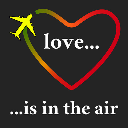Valentine's day postcard. Greeting card with love is in the air quote and heart shaped flight track and airplane. Symbol of love and honeymoonのイラスト素材