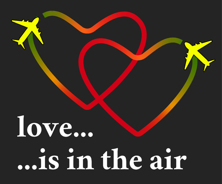 Valentine's day postcard. Greeting card with love is in the air quote and heart shaped flight track and airplane. Symbol of love and honeymoonのイラスト素材