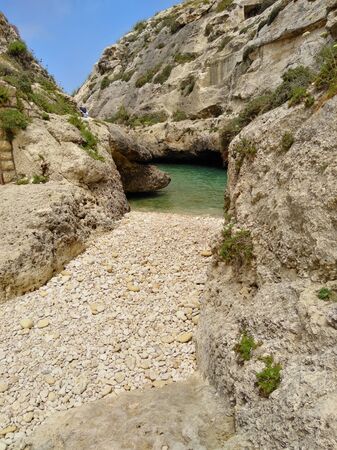 Narrow bay isolated under blue skyの写真素材