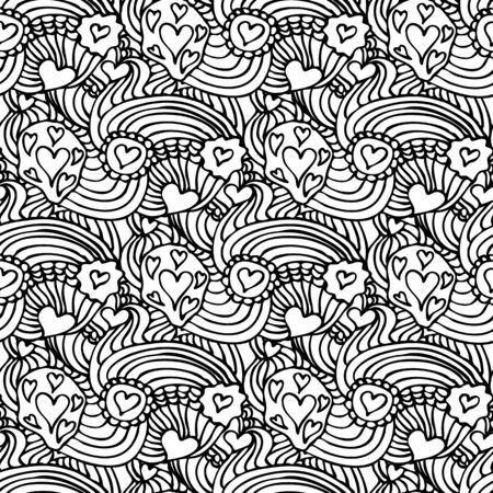 Monochrome Black and White Zentangle Doodle seamless pattern with hearts vector illustrationのイラスト素材
