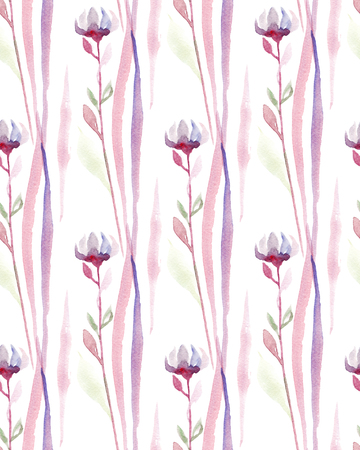 Seamless pattern with watercolor violet flowers and pink foliage.の写真素材