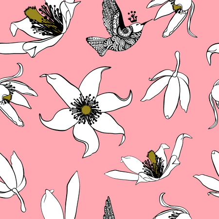 Seamless pattern with white pasque flowers and colibri birdの写真素材