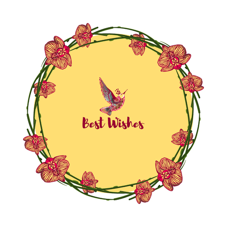 Yellow orchids round wreath around yellow circle isolated on the white backgroundのイラスト素材