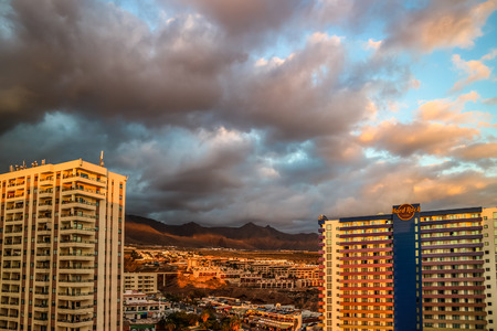Playa Paraiso, Tenerife, Spain 02.21.2018: view to theHard Rock hotel from the air, with dramatic cloudsのeditorial素材
