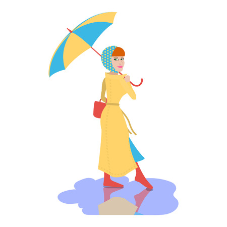 Young beautiful Woman with the umbrella walks on rainy dayのイラスト素材