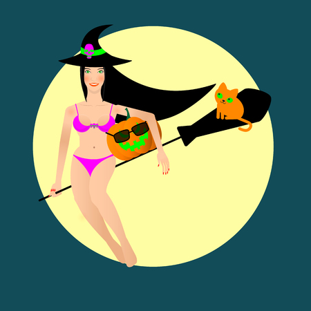 Sexy witch in bikini with long black hair is flying on broom with pumpkin and red cat, happy halloween textのイラスト素材