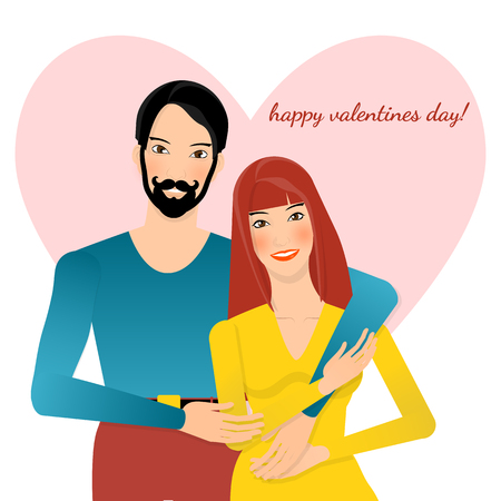 young hipster couple is hugging, pink heart on background, text happy valentines dayのイラスト素材