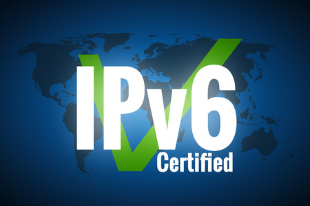 White glowing text IPv6 on world map blue background. Text certified and green check mark. Internet Protocol version 6 conceptの写真素材