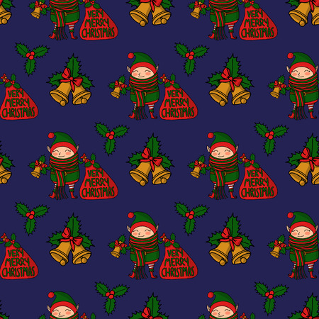 Seamless pattern with Cute funny cartoon character christmas elf with long scarf holding gift bag and a handbell, merry christmas letteringの写真素材