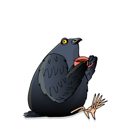 relaxed gray pigeon drinks tea from pink cup, hand drawn character cartoon style isolated on whiteのイラスト素材