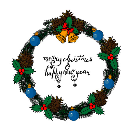 Christmas wreath made of pine branches, balls, cones and holly leaves isolated on white backgroundのイラスト素材