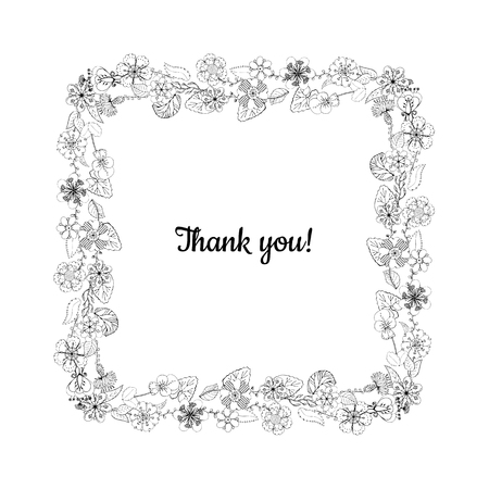 square floral monochrome wreath isolated on white background, thank you phraseのイラスト素材