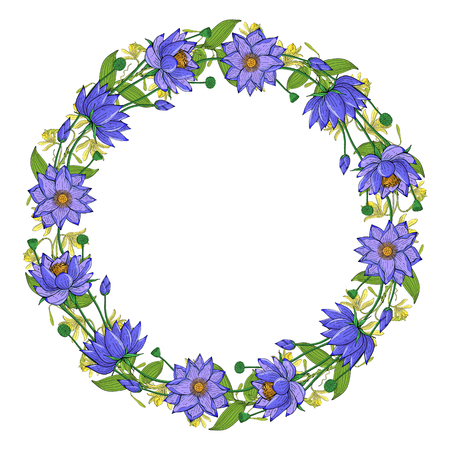 Wreath from vanilla orchid, lotus flower, floral round decoration borderのイラスト素材