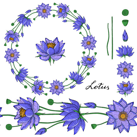 Wreath and seamless brush from lotus flower, floral round decoration border, botanical design elementsのイラスト素材