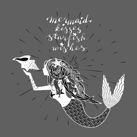 hand drawn mermaid with handwritten lettering mermaid kisses starfish wishesのイラスト素材