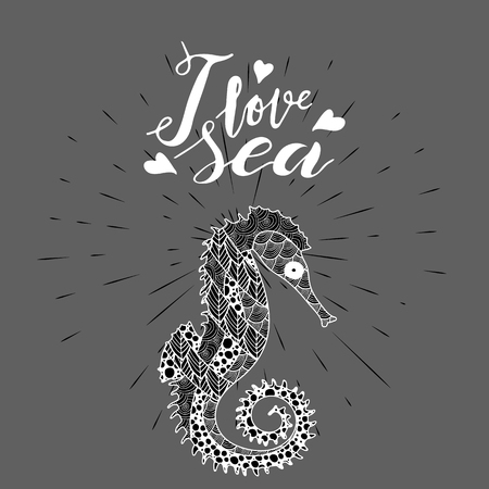 zen art style sea horse with handwritten lettering I love seaのイラスト素材