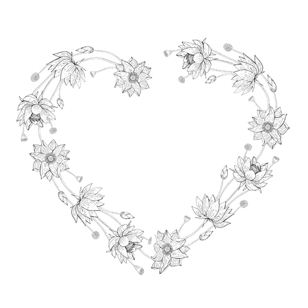 Wreath from lotus flowers, floral heart shaped decoration border, botanical design elementsのイラスト素材