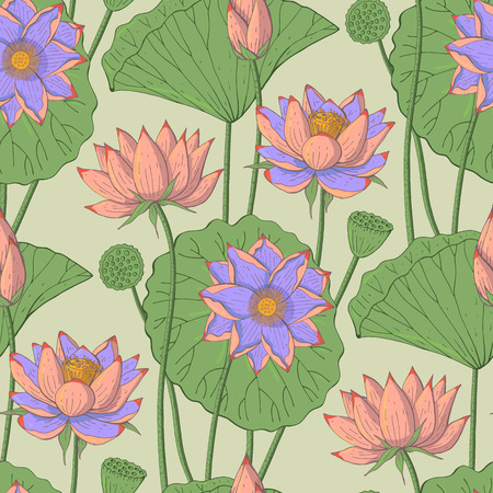 seamless floral pattern with lotus flowers on light green backgroundのイラスト素材