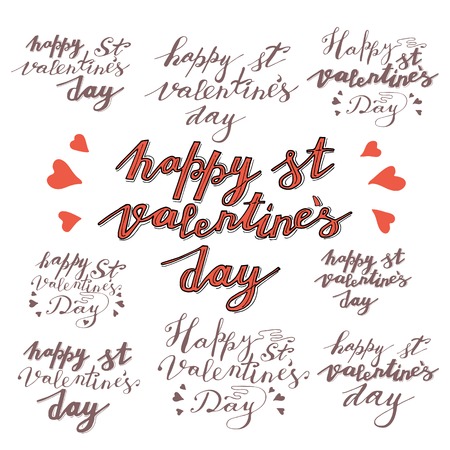 set of Hand lettering phrase happy st valentines day in black isolated on white backgroundのイラスト素材