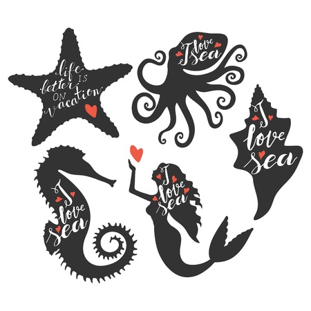 Hand lettering phrases I love sea, life is better on vacation inside silhouettesのイラスト素材