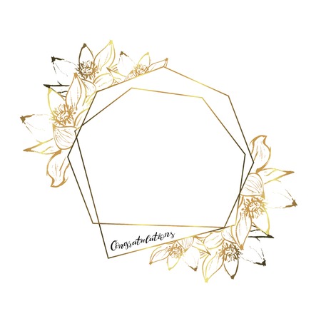 Botanical garland from lotus flowers, vintage floral wreath with golden polygonal frameのイラスト素材