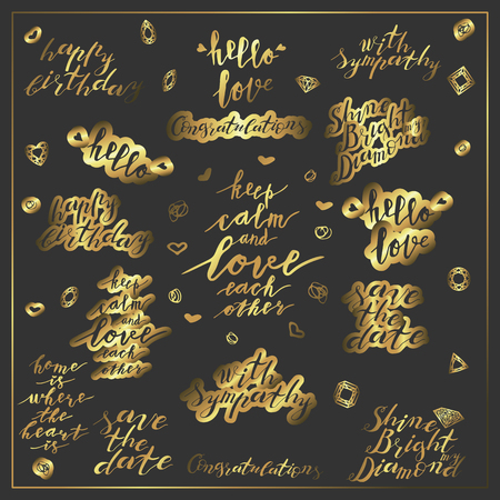 Set of Hand lettering greeting phrases in gold on gray background. Handwritten text. Stock vector illustration.のイラスト素材