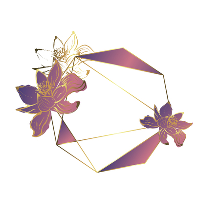 Botanical garland from lotus flowers, vintage floral wreath with golden polygonal frame. isolated on white background. Stock vector illustration.のイラスト素材
