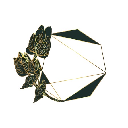 Botanical garland with black flowers, vintage floral wreath with polygonal frame. isolated on white background. Stock vector illustration.のイラスト素材