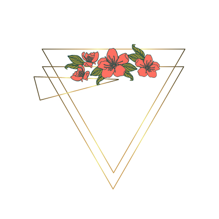 Polygonal garland, vintage geometric frame with pink cherry flowers decoration. isolated on white background. Stock vector illustration.のイラスト素材