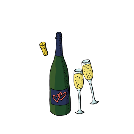wedding clipart with green wine bottle and two glasses of sparkling wine. design elements for wedding, birthday. isolated on white background. stock vector illustrationのイラスト素材
