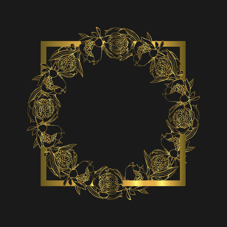 Hand drawn doodle style golden peony flower wreath. floral design element.のイラスト素材