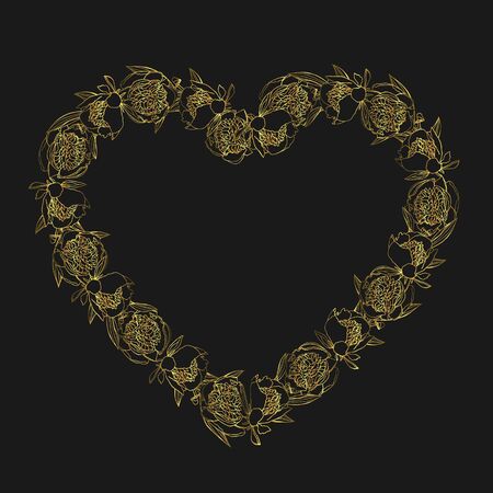 Hand drawn doodle style golden peony flower wreath. floral design element. isolated on black background. stock vector illustrationのイラスト素材