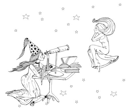 hand drawn stargazer astrologer girl with long hair and dress is looking to the telescope to dreaming woman in the skyのイラスト素材